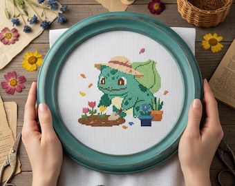 Patrón de punto de cruz de Bulbasaur jardinero / Estilo cottagecore, apto para principiantes (PDF, SVG)