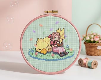 Modèle de point de croix Aerith et Chocobo | FFVI, Rétro, Jeu vidéo (PDF numérique)