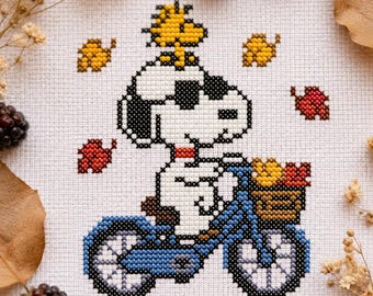 Snoopy & Woodstock Herbst Fahrradtour Kreuzstichmuster (digitaler Download)