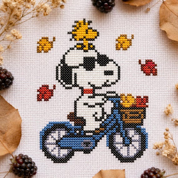 Snoopy & Woodstock Fall Bike Ride Cross Stitch Pattern (Digital Download)