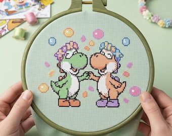 Tanzender Yoshi Kreuzstichmuster | anfängerfreundlich, retro, 90's, Pastell (Digital PDF)