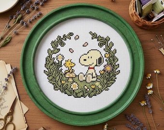 Snoopy und Woodstock Kreuzstichmuster | Erdnuss-inspirierte Stickdatei, Retro, 60's, Pastell (Digitales PDF)