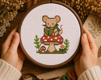 Waldmaus Pilz Kreuzstichmuster - Cottagecore Wald Stickerei Design (Digitaler Download)