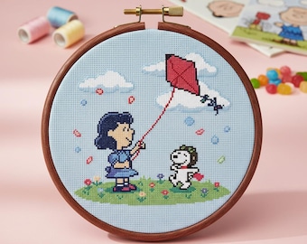 Lucie und Snoopy Kreuzstichmuster | Erdnuss-inspirierte Stickdatei, Retro, 60's, Pastell (Digitales PDF)
