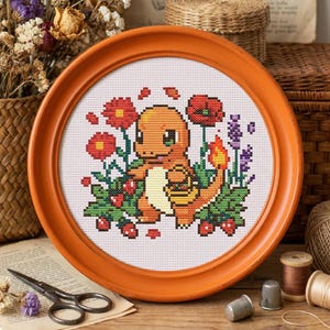 Foraging Charmander Cross Stitch Pattern | Cottage Core, Beginner Friendly (PDF, SVG)