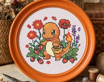 Patrón de punto de cruz de Charmander buscando comida / Estilo cottagecore, apto para principiantes (PDF, SVG)