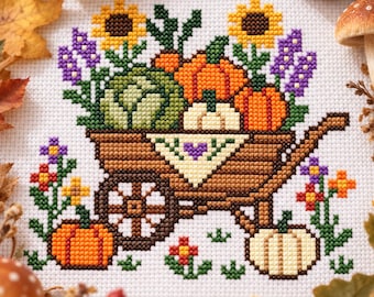 Patrón de punto de cruz "Cosecha de otoño", diseño de carretilla estilo cottagecore (descarga digital)