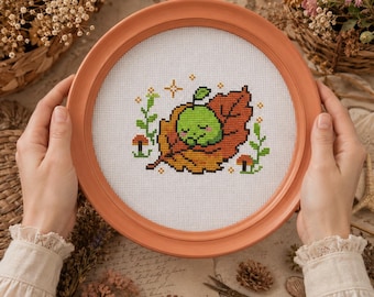 Patrón de punto de cruz de Junimo durmiendo, bordado inspirado en Stardew Valley