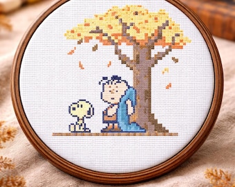 Linus und Snoopy Kreuzstichmuster | Erdnuss-inspirierte Stickdatei, Retro, 60's, Pastell (Digitales PDF)