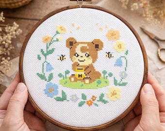 Teddiursa unter Blumen Kreuzstichmuster | PKMN inspirierte Stickerei (Digitaler Download)