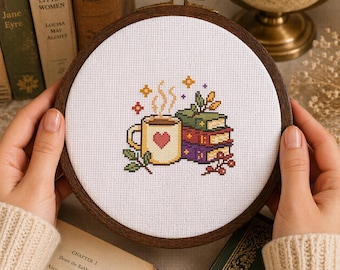 Gemütliches Buchliebhaber Kreuzstichmuster - Kaffeetasse & Bücher Pixel Art (Digital Dowmload)