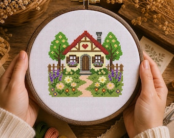 Cozycore Cottage Haus Kreuzstichmuster Blumen Garten Stickerei Design (Digitaler Download)