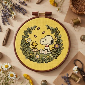 Snoopy and Woodstock Cross Stitch Pattern | Peanuts Inspired Embroidery, retro, 60's, Pastel (Digital PDF)