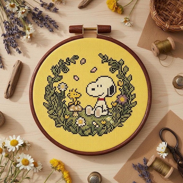 Patrón de punto de cruz de Snoopy y Woodstock / Bordado inspirado en Peanuts, retro, años 60, pastel (PDF digital)