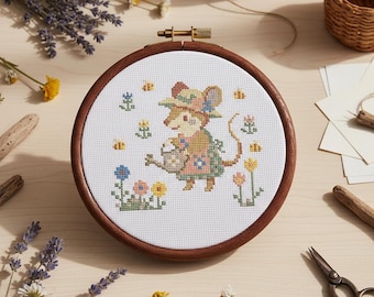 Gartenmaus Kreuzstichmuster | Cottagecore inspirierte Stickerei (Digitales PDF)