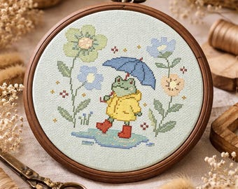 Kreuzstichmuster Frosch, der auf eine Pfütze tritt | Laune, Cottage Kern, anfängerfreundlich (Digitales PDF)