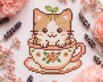 Teetasse Kitty Kreuzstichmuster (digitaler Download)