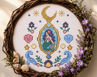 Kreuzstichmuster „Himmlische Meerjungfrau“ | Inspiriert von Stardew Valley | Verspielte Meeresstickerei (Digitaler Download)