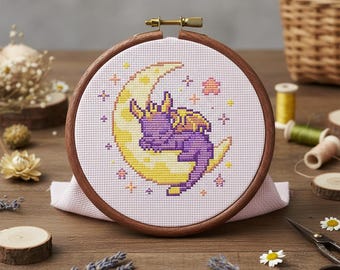 Schläfriges Spiro Kreuzstichmuster | Drachen inspirierte Stickerei, retro (Digital PDF)
