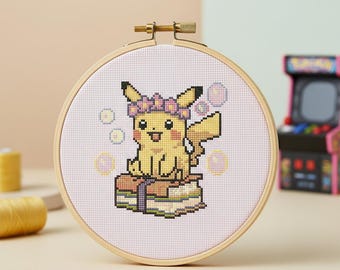 Pikachu mit Blumenkrone Kreuzstichmuster | pkmn, literarisch, anfängerfreundlich (Digital PDF)