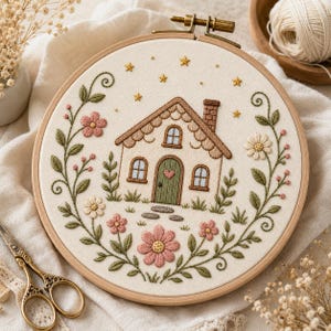 Puede incluir: Arte de aro bordado con una casa caprichosa con techo marrón, puerta verde y corazón rosa. La casa está rodeada de flores, hojas y estrellas bordadas. El bordado está en un aro de madera.