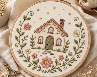 Patrón de bordado de acogedora casita (descarga digital), diseño de bordado a mano de casa de campo con motivos florales.