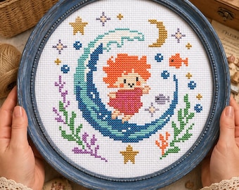 Patrón de punto de cruz "Chica del Océano Celestial", diseño Ponyo, bordado Ghibli (descarga digital)