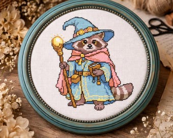 Motif de point de croix sorcier raton laveur | Broderie inspirée du MDN (PDF numérique)