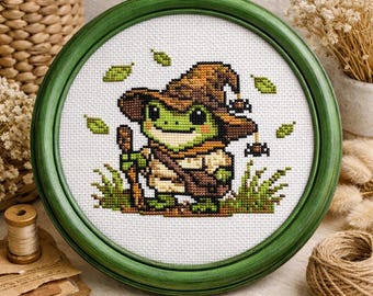 Abenteurer Frosch Kreuzstich Muster | Von Fantasien inspirierte Stickerei, anfängerfreundlich (Digitales PDF)