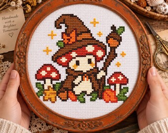 Wizard Mushroom Cross Stitch Pattern, Autumn Fantasy Cottagecore (Digital Download)