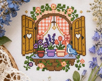 Schema per punto croce "Giardino primaverile alla finestra", stile cottagecore (download digitale)