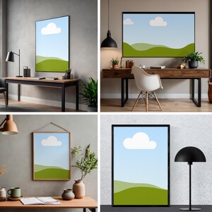 Könnte beinhalten: Vier Bilder mit gerahmten Kunstdrucken mit einem minimalistischen Landschaftsdesign. Jeder Druck zeigt einen blauen Himmel mit einer weißen Wolke und grünen Hügeln. Die Rahmen sind schwarz oder aus Naturholz, und die Drucke werden in verschiedenen Innenräumen ausgestellt.