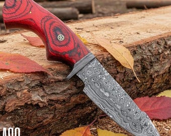 Damast Jagdmesser - Handgefertigtes Damastmesser mit fester Klinge, Campingmesser mit Holzgriff, Hautiermesser, Geschenk für Ihn, Outdoormesser