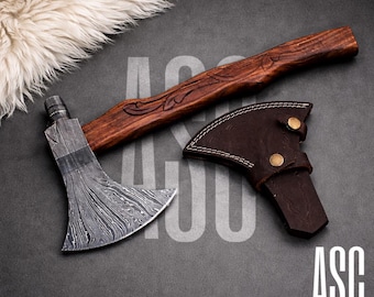 Handmade Damascus Viking Axe – Engraved Wood Handle, Leather Sheath, Norse Collector Hatchet