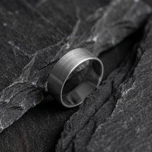 Pode incluir: Um anel de metal prateado com acabamento fosco escovado e uma banda larga e plana. O anel apresenta uma superfície externa circular lisa com uma textura de linhas finas visível no metal, exibindo um design limpo e simples.