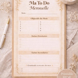 To Do Mensuelle Élégante à Imprimer | Planner Mensuel PDF | Objectifs du Mois + Tâches Prioritaires | Organisation & Clarté Mentale | CRUXA
