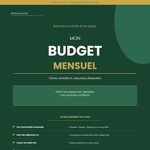Peut inclure: Visuel vert foncé avec le texte "MON BUDGET MENSUEL" en grandes lettres blanches. Le visuel comprend également le texte "CRUXA by crucial" et d'autres textes en français, promouvant la clarté et le contrôle financiers.