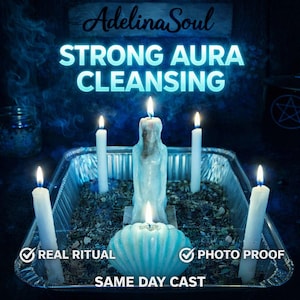 May include: An image of a spiritual ritual with lit candles and herbs in a metal tray. The text "Adelina Soul STRONG AURA CLEANSING" is displayed above the candles. Additional text includes "REAL RITUAL", "PHOTO PROOF", and "SAME DAY CAST".