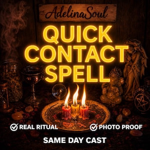 Könnte beinhalten: Ein Bild mit dem Text "Adelina Soul QUICK CONTACT SPELL" in leuchtend gelben Buchstaben. Das Bild zeigt brennende Kerzen, eine Kristallkugel und andere mystische Gegenstände, mit den Worten "REAL RITUAL" und "PHOTO PROOF".