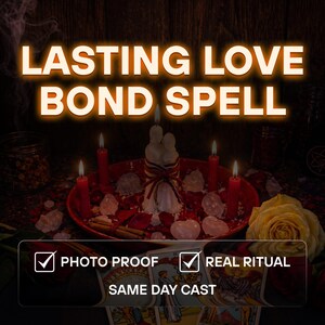 May include: A red plate holds a white candle shaped like two figures tied with ribbons, surrounded by four red candles, clear crystals, and cinnamon sticks. Text reads: LASTING LOVE BOND SPELL, PHOTO PROOF, REAL RITUAL, SAME DAY CAST.