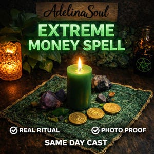 May include: A green candle with a lit flame, gold coins, and crystals are arranged on a green cloth. The text "EXTREME MONEY SPELL" is displayed above the candle. The words "REAL RITUAL", "PHOTO PROOF", and "SAME DAY CAST" are also visible.