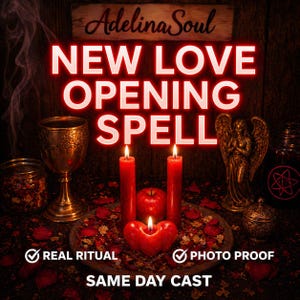 Peut inclure: Image à thème spirituel avec le texte "NEW LOVE OPENING SPELL" en rouge vif. La scène comprend des bougies rouges allumées, une pomme, un calice et une statue d'ange. Les mots "REAL RITUAL" et "PHOTO PROOF" sont également visibles.