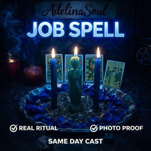 May include: An image with a dark blue background features a Job Spell advertisement. The text "Adelina Soul" and "JOB SPELL" are displayed. Three blue candles and a green figure candle are lit, with tarot cards and blue petals on a silver tray.