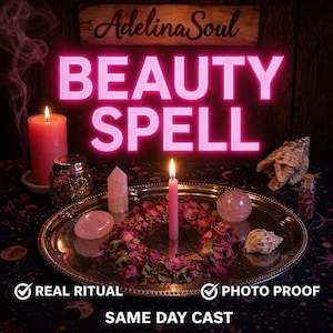 May include: A still life arrangement featuring a lit pink candle, rose quartz crystals, and dried rose petals on a silver tray. The words "BEAUTY SPELL" are in bright pink neon letters. The image also includes the text "REAL RITUAL", "PHOTO PROOF", and "SAME DAY CAST".