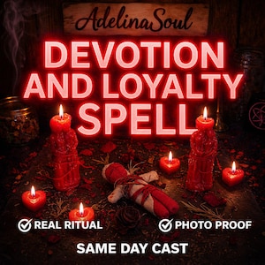 May include: A promotional image for Adelina Soul featuring a red lit sign that reads "DEVOTION AND LOYALTY SPELL". The image includes red candles, a voodoo doll, and the text "REAL RITUAL", "PHOTO PROOF", and "SAME DAY CAST".