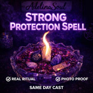 May include: A candle with a flame, surrounded by a glass bowl filled with dried petals and stones. The text "STRONG PROTECTION SPELL" is displayed in purple neon. Additional text includes "REAL RITUAL", "PHOTO PROOF", and "SAME DAY CAST".