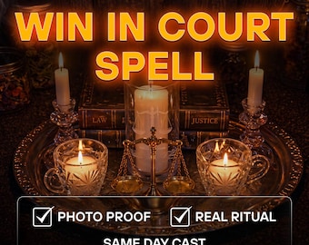 May include: A silver tray holds a central pillar candle with a scale of justice design, flanked by two tall white candles in glass holders and two small glass cups with tea lights. A brass scale sits in front, with text reading WIN IN COURT SPELL.