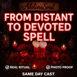 May include: A promotional image for Adelina Soul featuring the text "FROM DISTANT TO DEVOTED SPELL." The image includes lit candles, red roses, apples, and a ritualistic setup with the text "REAL RITUAL" and "PHOTO PROOF."