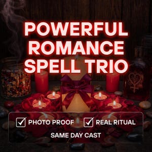 May include: A central cream-colored pillar candle with a dark red ribbon bow, surrounded by red rose petals, multiple small lit tea light candles, and scattered stones. Text reads: POWERFUL ROMANCE SPELL TRIO, PHOTO PROOF, REAL RITUAL, SAME DAY CAST.