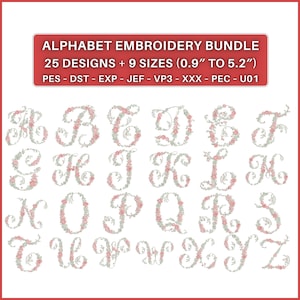 Puede incluir: Paquete de bordado de alfabeto con 25 diseños y 9 tamaños, de 2,3 cm a 13,2 cm. Se muestran las letras de la A a la Z, cada una adornada con rosas rosas y hojas verdes. El texto "ALPHABET EMBROIDERY BUNDLE" está en la parte superior.